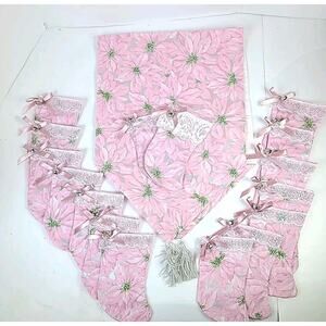 Vintage Poinsettia Flower Christmas Runner With 16 Mini Stockings Hand Made Pink
